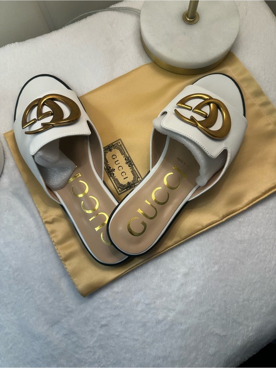 Gucci Shoes - Gucci White Leather Slip-On Mules with Gold Double G Emblem